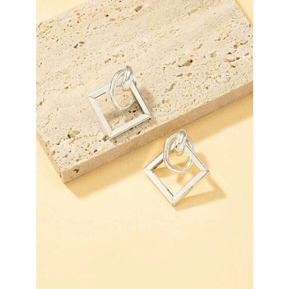 SILVER SQUARE HOOP GEOMETRIC DANGLE EARRING - Picture 3 of 4